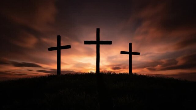 Solemn moment of good friday, three crosses silhouetted against a dramatic sunset sky, spiritual reflection