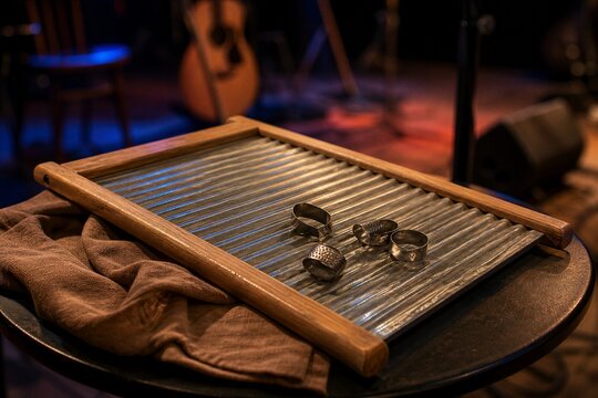 Silver rings on vintage washboard near acoustic guitar
