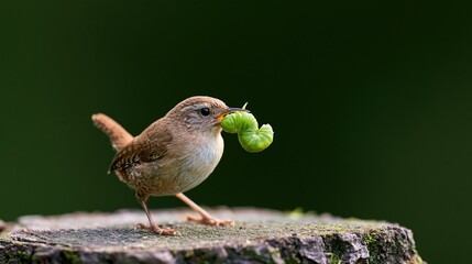 Obraz premium Small brown wren bird with a green caterpillar in its mouth standing on a mossy wooden stump