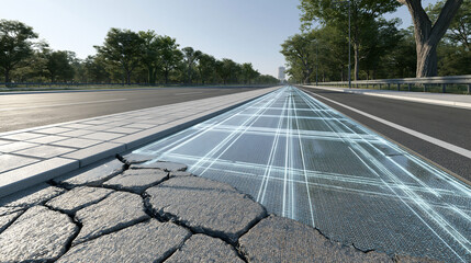 Obraz premium Road infrastructure cross section showing digital grid wireframe overlay on damaged pavement for smart city civil engineering.