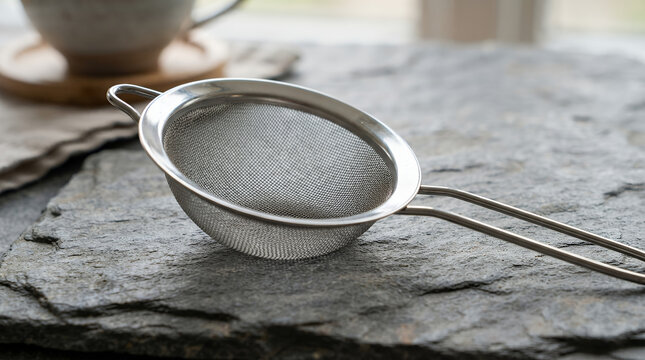 Stainless steel strainer on a concrete surface with soft light
