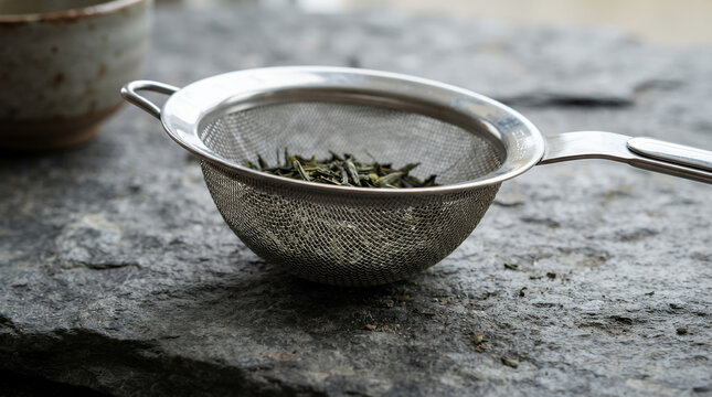 Stainless steel strainer on a concrete surface with soft light
