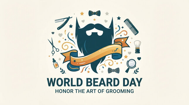 World Beard Day illustration, vintage face grooming tools icon set, hipster mustache retro concept for barbershop and festival, flat vector design, honorable style, mustache beard character