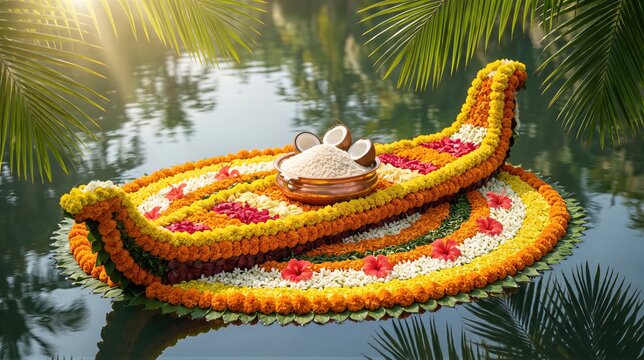 Pookalam floral carpet shaped like a traditional snake boat floating on water for Onam festival. Vibrant marigold flower arrangement with coconut and rice bowl. Hindu cultural celebration.