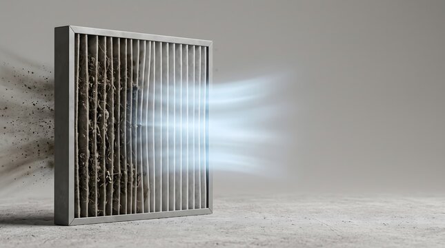 Cutaway HVAC filter panel showing trapped particulate and clean glowing air, indoor air filtration and ventilation technology concept art horizontal with copy space
