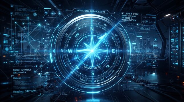 Futuristic digital compass interface with holographic navigation data and glowing light lines set against a hightech control room environment backdrop