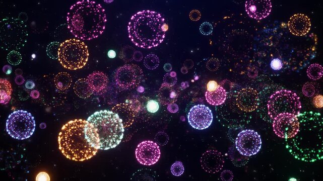 Microscopic cells with glowing particles in sequential frames