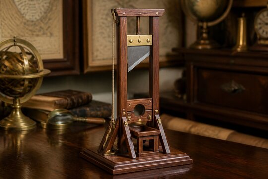 Wooden model guillotine on desk with books globe and vintage documents