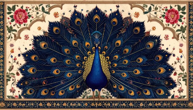 Exquisite Peacock Displaying Vibrant Plumage in Traditional Indian Art Style.
