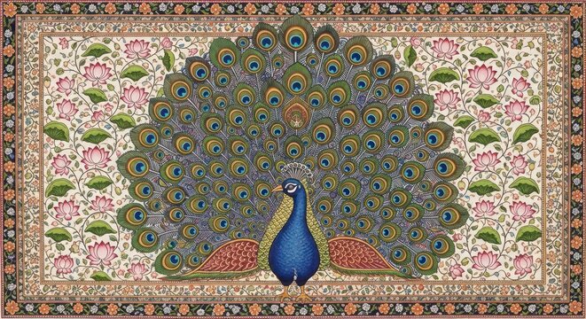 Exquisite Peacock Displaying Vibrant Plumage on Intricate Floral Background.