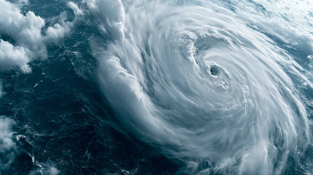 Satellite view of massive hurricane vortex swirling over dark blue ocean waters.