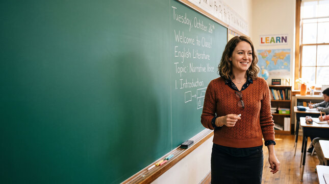 Inspiring Educator in Classroom: A female teacher stands confidently beside a green blackboard, a warm smile on her face as she engages her students in a lesson.