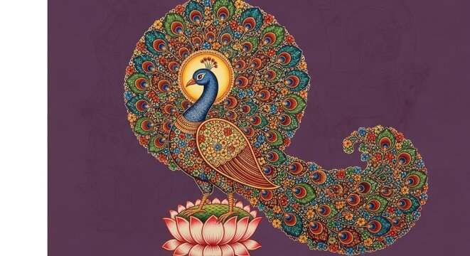 Exquisite Peacock Illustration on Lotus Flower with Intricate Feather Details.