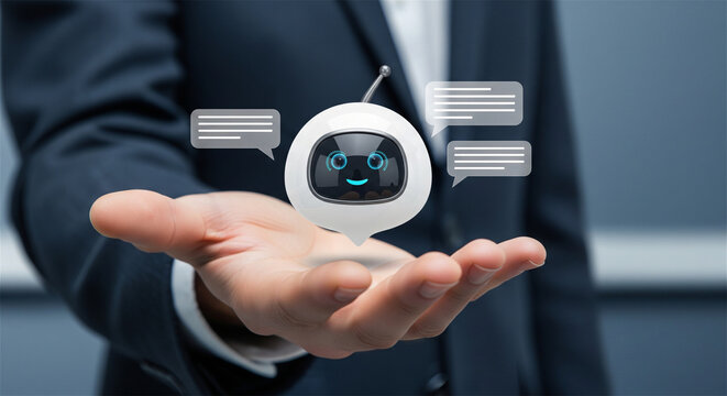 AI chatbot assistant hovering over businessman hand, artificial intelligence customer service concept, virtual chat bot support