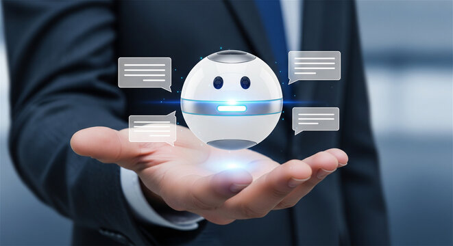 AI chatbot assistant floating over businessman hand, artificial intelligence customer service concept, virtual helper bot with chat bubbles