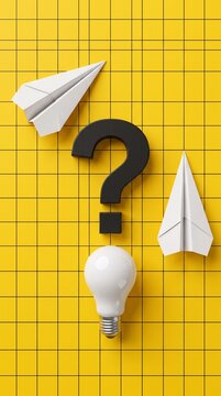 A black question mark, a white light bulb, and two paper airplanes on a yellow grid background.