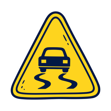 Yellow Slippery Road Warning Sign Illustration