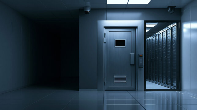 Secure server room entrance with locked door and surveillance cameras.