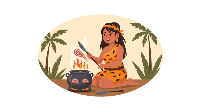 Prehistoric Woman Cooking Food Over Fire in Primitive Style Illustration