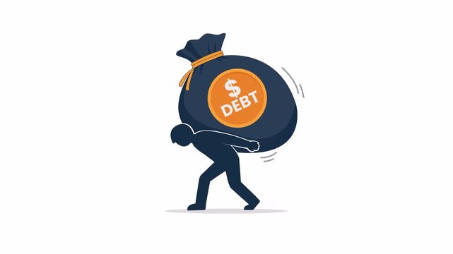 Person carrying a heavy debt bag, flat 2D vector animation element on a transparent background representing financial burden and loan pressure.