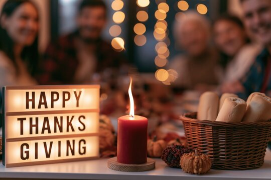 Warm Thanksgiving Gathering with Glowing Candle and Happy Thanks Sign