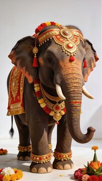 Decorated elephant adorned with traditional gold jewelry and flowers for Onam festival. Majestic animal prepared for cultural procession. Indian heritage, ritual, and celebration concept.