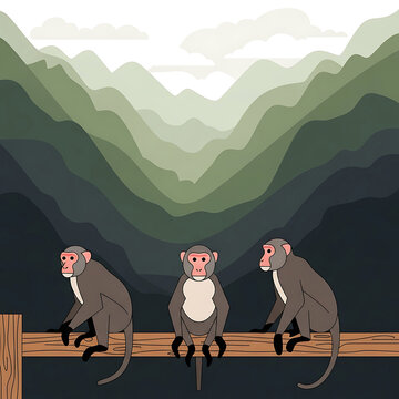 Wild A peaceful illustration of three monkey characters sitting on a wooden fence against a scenic green mountain and nature landscape for primate