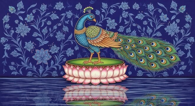 Exquisite Peacock on Lotus Flower with Intricate Blue Floral Background.