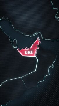 Stylized vertical digital map animation of the United Arab Emirates, Middle East with a pulsating red highlight and glowing neon borders for short-form mobile travel promos.
