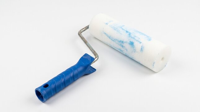 Blue‑handled paint roller with white foam and light blue streaks, symbolizing work, precision, and renewal.