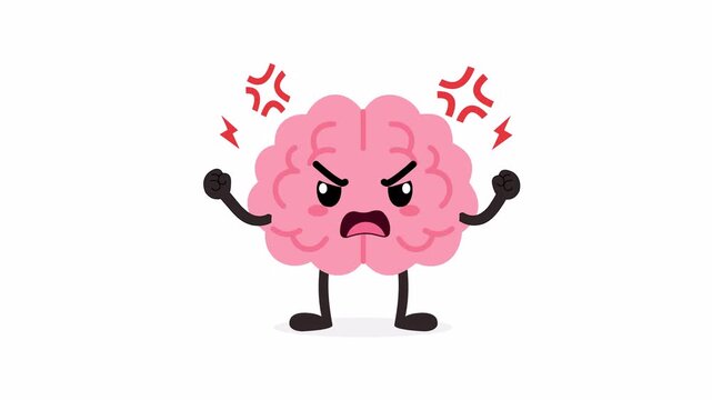 Angry cartoon brain expressing frustration, flat 2D vector animation element on a transparent background for stress and emotional concepts.