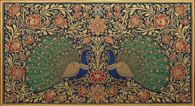 Exquisite Peacock Motif Intricate Floral Design Textile Art.