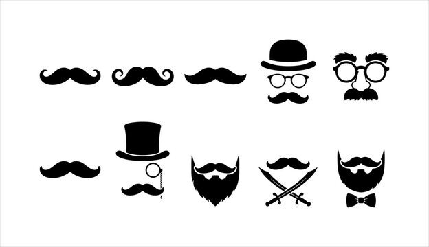 Moustache and beard icon collection featuring gentleman styles with hats and glasses for vintage fashion character design. Minimalist new update icon vector