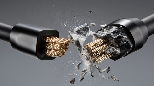 Broken electrical cable with exposed copper wires and damaged insulation illustrating cable failure, electrical repair, wiring damage and maintenance