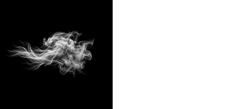 Abstract white smoke swirl texture on black background with blank white copy space isolated on transparent background