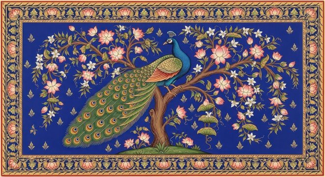 Exquisite Peacock Perched on a Blooming Tree Branch in a Vibrant Indian Miniature Painting.