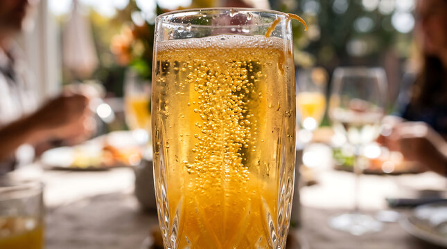 Effervescent Champagne Bubbles Rushing Up Crystal Flute Glass Close-Up