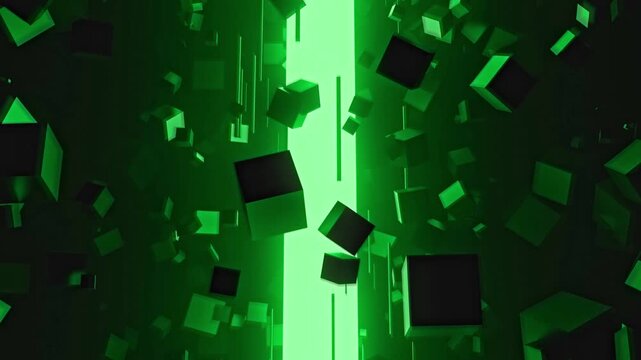 Green Cyber Geometric Emission Cylinder with Floating Cubes Seamless VJ Loop