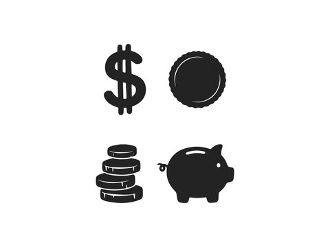 Money savings icons with piggy bank coin stack dollar sign and single coin for finance.