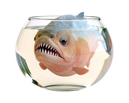 Angry scary toothy fish head in glass bowl isolated on transparent background png cutout