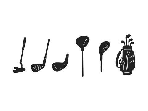 Golf clubs and bag set arranged for sports and recreation game play on green course.