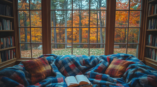 Cozy autumn reading nook with a book on a blanket-covered sofa, overlooking colorful fall foliage through a large window.