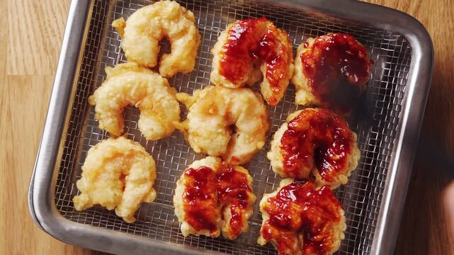 Silicone brush coats fried shrimp with red sauce. Shrimp skewers pair with pineapple, pepper, onion or zucchini. Serve sweet chilli shrimp skewers at summer barbecue, picnic, buffet or party.