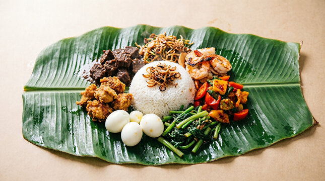 White rice surrounded by assorted asian side dishes on large green leaf.