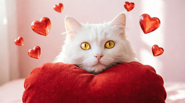 White cat with yellow eyes holding red heart with floating hearts.