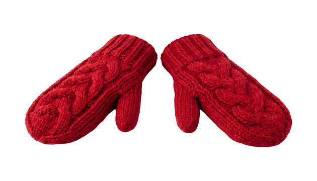 Pair of Red Knitted Winter Mittens with Cable Pattern Isolated on White Background