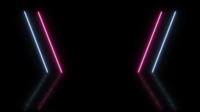 Neon glowing light lines abstract background, with pink and, blue laser beams, and reflective floor