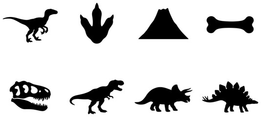 Dinosaur Silhouette Icons Set, Prehistoric Animal Vector Graphics, Jurassic Era Symbols, Fossil Collection, Volcanic Landscape Elements © MdRakib