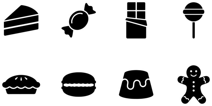 Sweet Treats Vector Icons: Cake, Candy, Chocolate Bar, Lollipop, Pie, Macaron, Pudding, Gingerbread Man - Delicious Dessert Collection