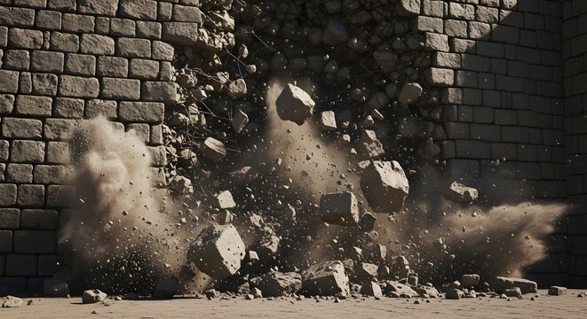Stone wall exploding outward with flying debris and thick dust from a powerful impact